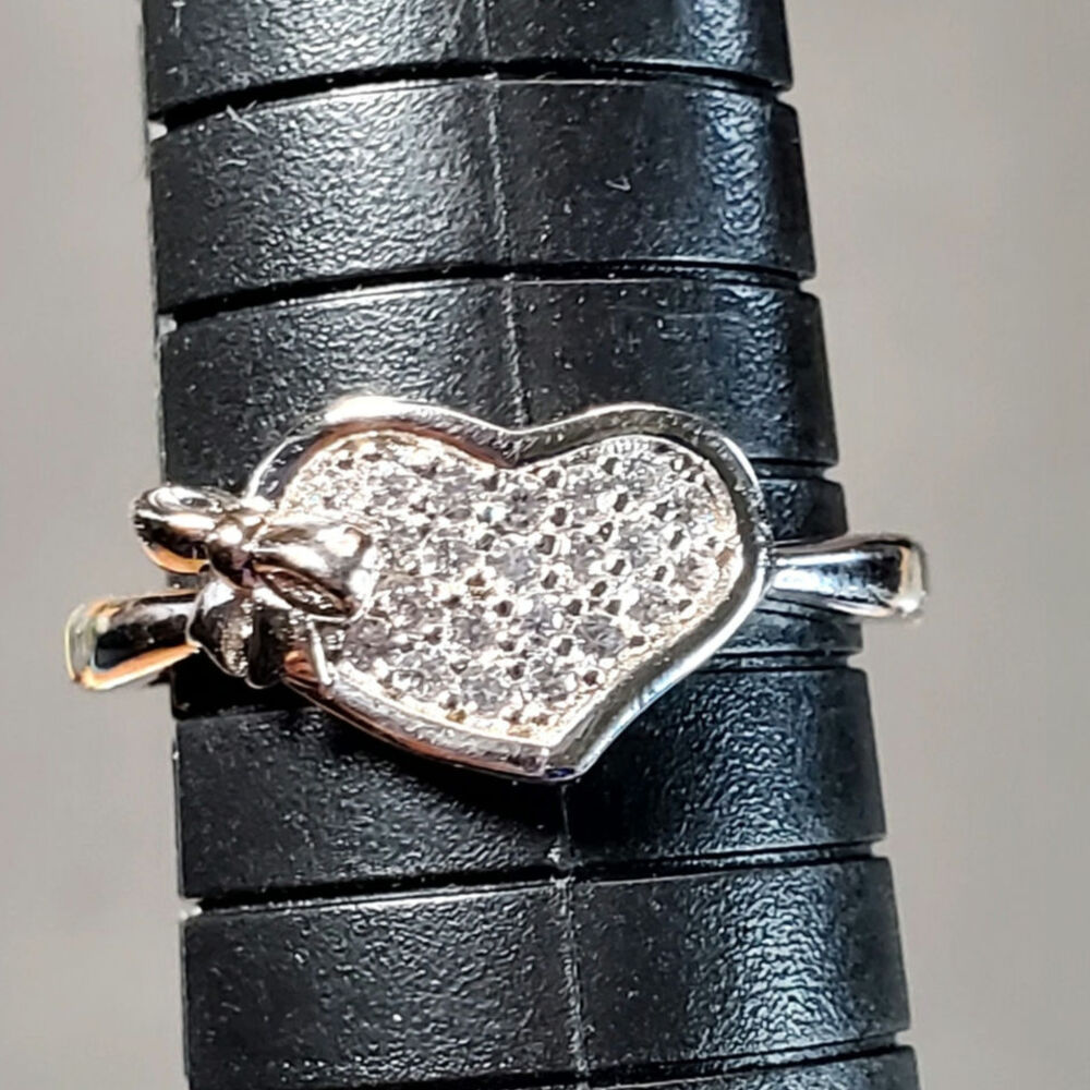 925 Sterling Silver JC Ring Clear Rhinestones Heart Shape Sz 8 Signed